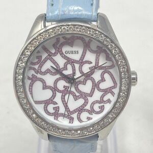 Guess Watch Women 37mm Silver Tone Crystal Bling Hearts Leather New Battery 8.5"